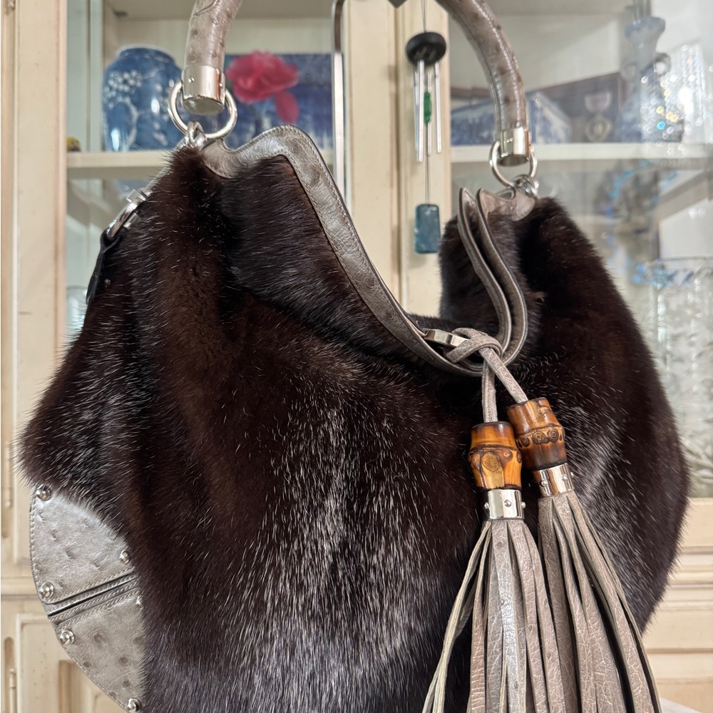 **SOLD** Gucci Black Mink Fur and Gray Ostrich Leather Indy Shoulder Bag
